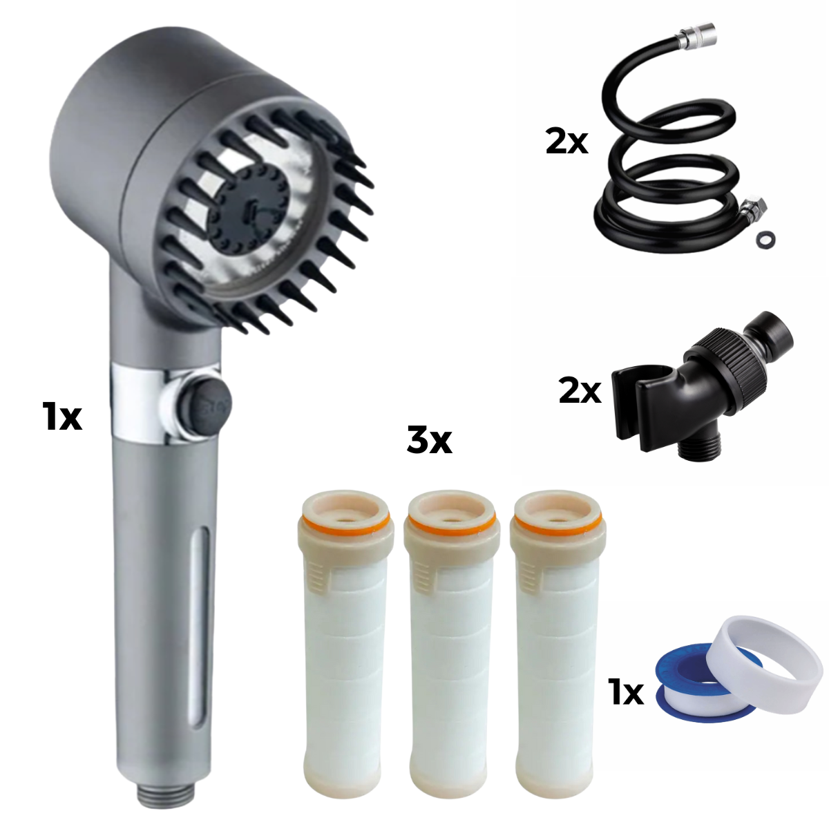 Shower Head + 2x Hose +2x Adapter + 3x Filter + Teflon Tape